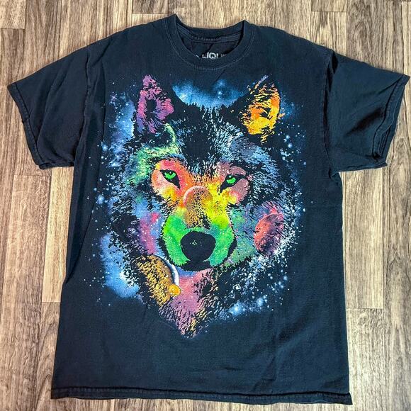 Liquid Blue Rainbow Galaxy Wolf T-Shirt Medium Cosmic Animal Graphic Black Tee - Picture 1 of 5